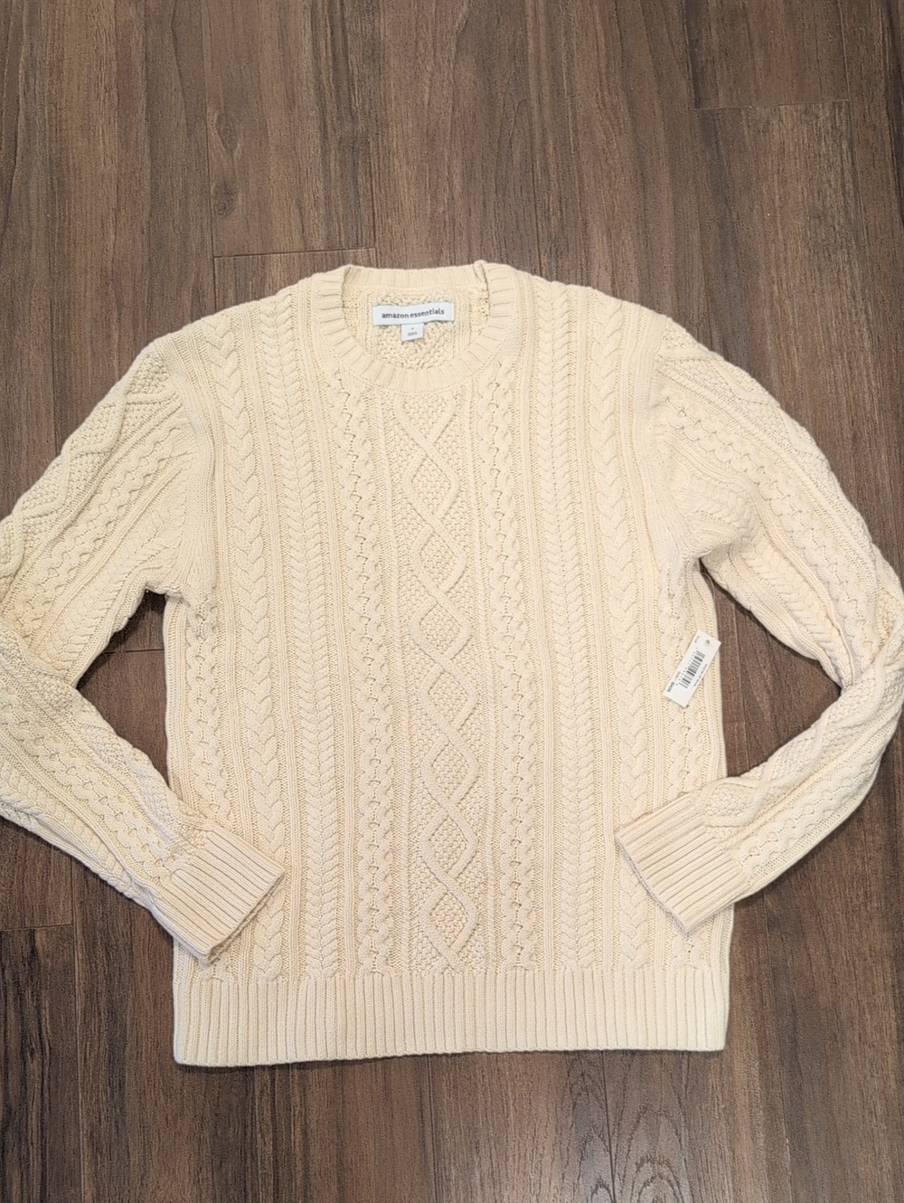 Chunky Cable-Knit Crew Neck Sweater in Off White Cream Amazon Essentials Fisher